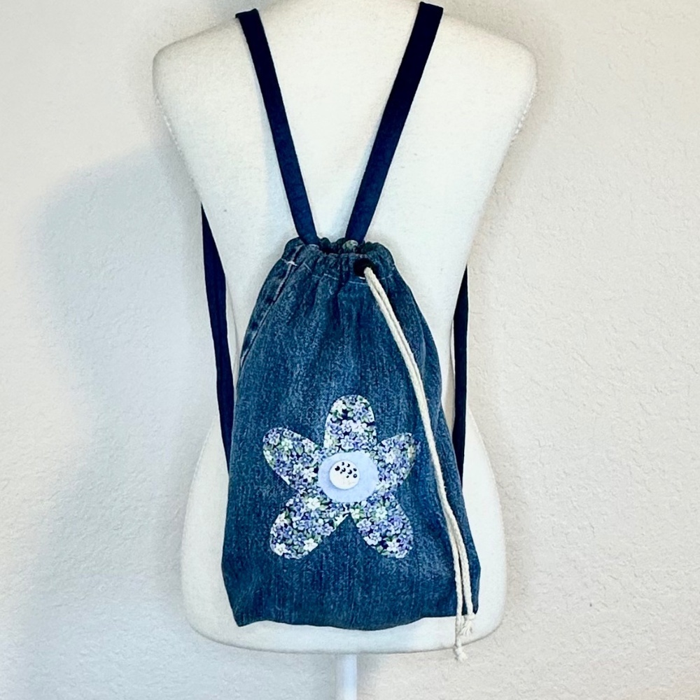 Cute Handmade Denim Drawstring Backpack - Picture 1 of 9